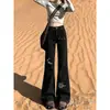 Chao Li tem estoque, jeans de brim preto para mulheres, outono, cintura alta, modelador, versátil, para pessoas baixinhas, não apertado nas pernas, calça pantalona