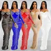 C6023 Moda Europeia e Americana Transfronteiriça Aliexpress Amazon Roupas Femininas Malha com Strass Transparente Vestido Longo de Manga Longa