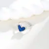 Plato con Patrón de Agua Azul Corazón Incrustado con Circonita Anillo Abierto Ajustable Diseño de Nicho para Mujer Anillo para Dedo Índice Anillo Elegante
