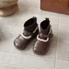Botas Medias Elásticas Retro 2026 Otoño/Invierno Nuevo Estilo Coreano para Niñas de Encaje con Felpa Botines Cortos Elegantes de Punta Redonda Botines Pequeños de Piel