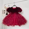 Vestido de cumpleaños para niña color vino tinto, vestido de princesa con lentejuelas y malla, vestido tutú infantil de estilo occidental, vestido para niña de las flores