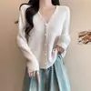 Suéter de Punto para Mujer, Primavera y Otoño, Estilo Coreano, Nuevo Cuello en V, Color Sólido, de Botones, Suéter Cardigan de Punto Moderno y Fresco para Mujer