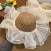 Chapéu de Palha com Contas de Madeira Estilo Hyun Ya Chapéu Grande de Verão para Mulheres Trama de Palha Chapéu de Pescador Dobrável Chapéu de Sol para Praia