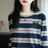 Suéter de Punto a Rayas de Manga Larga para Mujer, Nuevo Estilo Primavera y Otoño, Corte Holgado, Bloques de Color, Camiseta Base de Fibra de Bambú, Top para Usar en Capas o como Prendas de Abrigo