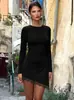 Ropa de otoño transfronteriza europea y americana para mujer, vestido corto irregular de encaje de manga larga con cuello redondo de color liso, vestido de moda callejera ajustado