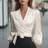 Nuevo Top de Satén con Cuello en V, Cintura de Corbata, Temperamento, para Mujer, Sitio Independiente de Amazon Europeo y Americano