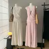Conjunto de Pantalones Casuales de Pierna Ancha Sueltos Estilo Perezoso para Mujer Verano, Top de Lino Tencel con Cuello en V