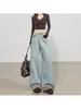 Jeans estiloso estilo americano com patchwork de estampa de leopardo, perna larga, para mulheres, azul claro, cintura alta, corte solto, emagrecedor, calça de comprimento total