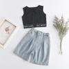 Ropa de verano europea y americana comercio exterior 3-8 años niñas Nuevo top sin mangas con letras + pantalones vaqueros de tres botones moda ropa infantil