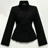 Casaco de lã feminino gola alta estilo retrô escuro, moda de inverno casual com design de abotoamento duplo, casaco de lã estilo coreano