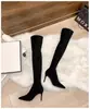 Botas de salto alto pontudo femininas outono e inverno 2024 novas botas skinny elásticas de camurça preta acima do joelho botas elásticas de salto fino