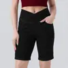 Shorts de mezclilla de punto ajustados de cintura alta cruzada para mujer, shorts de mezclilla casual de longitud media para verano