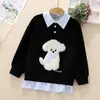 Moletom feminino de manga comprida, casual, novo estilo primavera/outono, com gola de lapela e design patchwork, fofo, estiloso, versátil e doce