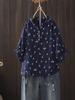 Camisa de punto artística estilo japonés con cuello en V, estampado floral, manga de tres cuartos para mujer, top casual de algodón de doble capa para verano