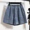 Foto Real de Shorts de Mezclilla de Tiro Alto para Mujer, Corte Holgado, Nuevo Estilo de Verano, Adelgazantes, Versátiles, Pantalones Cortos de Pierna Ancha, Moda Azul de Algodón
