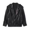 Chaqueta de Cuero Genuino 4177 Otoño Nuevo Cuero Curtido Vegetal Moderna Nostálgica Retro Silueta Holgada Chaqueta con Solapa para Mujer