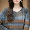 Suéter de Punto Trenzado Rayado Cuello Redondo Estilo Fair Isle para Mujer Otoño Invierno Nuevo Estilo Manga Larga Adelgazante Moderno Versátil Pulóver