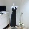 Vestido Largo de Lunares con Cuello Halter en V Estilo Francés de Jim Kennet