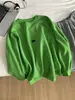 Moletom Pulôver Verde Gramado de Primavera com Gola Redonda para Mulheres, Moletom Solto Estilo Coreano com Bordado de Letras Escova de Dentes, Top Solto