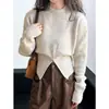 Suéter de tricô elegante de gola redonda com zíper, modelagem solta e versátil, de manga longa, em cor sólida, estilo outono coreano, para mulheres