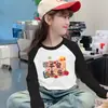 Estilo Coreano Mistura de Lã Raglan Manga Longa Casual Camada Base Top Outono Inverno Meninas Fashionável Doce Estiloso Desenho Animado Gola Redonda Camiseta
