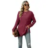 Sitio Independiente de Amazon 2025 Otoño e Invierno Transfronterizo Europeo y Americano Nuevo Top Camiseta de Manga Larga Dividida de Color Sólido con Cuello Redondo y Canalé