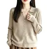 Cardigã de Tricô Simples com Gola Reversível para Mulheres, Casaco Suéter Botonê de Manga Longa, Versátil e Estiloso, Blusa Básica Jovem, Novo Top