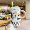 Copo Térmico Estudante Dilebel Gato de Aço Inoxidável para Meninas com Bom Visual e Novo Bolso de Aba Portátil Mini para Copo em Calça