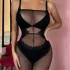 Lingerie Sexy Estilo Europeu e Americano Body com Abertura no Gancho Meias Uniforme Tentação Jacquard Puro Conjunto Falso de Peça Única W328