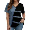 2026 Nova Roupa Feminina Transfronteiriça de Verão Camiseta de Manga Curta com Decote V Estampa Jeans Top Casual Solto Emagrecedor para Mulheres