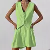 Conjunto de Chaleco y Shorts de Algodón y Lino de Diseño Europeo y Americano 2025 para Mujer, Conjunto Casual de Dos Piezas con Chaleco sin Mangas para Primavera y Verano