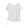 Top casual holgado con fruncido lateral y cordón, cuello en V pronunciado, manga corta, camiseta deportiva para mujer en verano