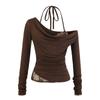 Top Falso de Dos Piezas con Parches de Encaje Pure Desire, Hombro Asimétrico para Mujer, Nuevo Diseño de Otoño con Cuello Fluido y Camiseta de Manga Larga Descubierta