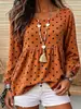Camisa casual vintage de lunares para mujer con tela acanalada texturizada, corte holgado, dobladillo plisado, top de manga larga, suministro