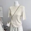 Suéter de Tricô Versátil com Gola Alta Meia, Estilo Simples de Primavera Novo, Blusa de Manga Três Quartos Slim Fit para Mulheres, Seda de Gelo