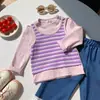 Colete de Tricô para Meninas com Camiseta de Manga Longa, Top Patchwork Colorido Doce para Primavera e Outono, Camisa Base Estilosa Falsa de Duas Peças para Bebê