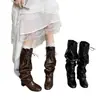 Botas sueltas suaves plisadas de estilo casual, botas apiladas, botas vaqueras de caña alta con cordones, botas de jinete adelgazantes, tallas 34-42
