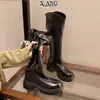 Botas largas adelgazantes de cuero genuino con corte en V y cremallera trasera, botas hasta la rodilla para mujer, suela gruesa, que aumentan la altura, tacón grueso, botas de montar negras