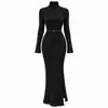 Vestido de Tricô Costurado com Fenda Lateral Europeu e Americano para Mulheres Vestido Costurado de Gola Alta Transfronteiriço Saia Longa Elástica para Mulheres