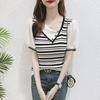 Início do Verão Nova Malha de Seda Gelo Feminina Manga Curta Verão 2024 Camiseta Básica Listrada Gola Oblíqua Camiseta Slim-fit Top Fino