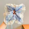 Scrunchie lenço quadrado estilo pastoral francês para meninas e crianças, elástico de cabelo doce com laço para coques, acessório de cabelo
