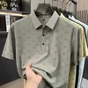 Camiseta masculina de manga curta em seda gelada com gola de lapela e estampa em corpo inteiro, polo casual de verão, vestuário masculino de meia-manga