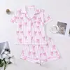 Comercio transfronterizo pijama nuevo para mujer estampado cuello vuelto manga corta shorts ropa de casa europea y americana pijama para mujer