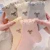 Calcetines Cortos Bordados con Lazo y Lunares, Puño de Burbuja, para Mujer, Estilo Suave de Color Claro, Calcetines de Tubo Corto Finos para Niñas