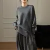 Suéter tejido casual de cuello redondo para mujer, engrosado, con abertura, color liso, corte holgado, top de moda estilo coreano para mujer