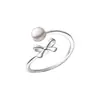 Anillo de plata de ley 925 con cruz, perla natural y lazo para mujer, simple, delicado, dulce, temperamento, anillo de cola abierta J0373