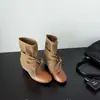 Botas de tornozelo com laço e salto interno estilo Wasteland para mulheres, nova coleção outono/inverno 2026, retrô e versáteis, com esquema de cores Maillard e cadarço estilo western