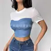 Camiseta Corta de Manga Corta con Bloques de Color de Dos Tonos, Transparente en el Ombligo, Primavera y Verano, Transfronteriza Europea y Americana de Amazon