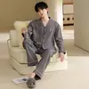 Pijama para hombre, estilo primavera y otoño, algodón puro, manga larga, pantalón largo, cuello de solapa, cárdigan, simple y casual, se puede usar afuera, conjunto de ropa para el hogar