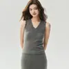 Chegada Nova Outono 2026 100% Caxemira Pura Feminino Decote V Padrão Ondulado Slim Fit Top Regata